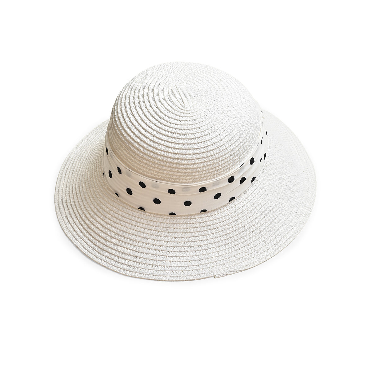 White Woven Straw Sun Hat with Polka Dot Bow Scarf