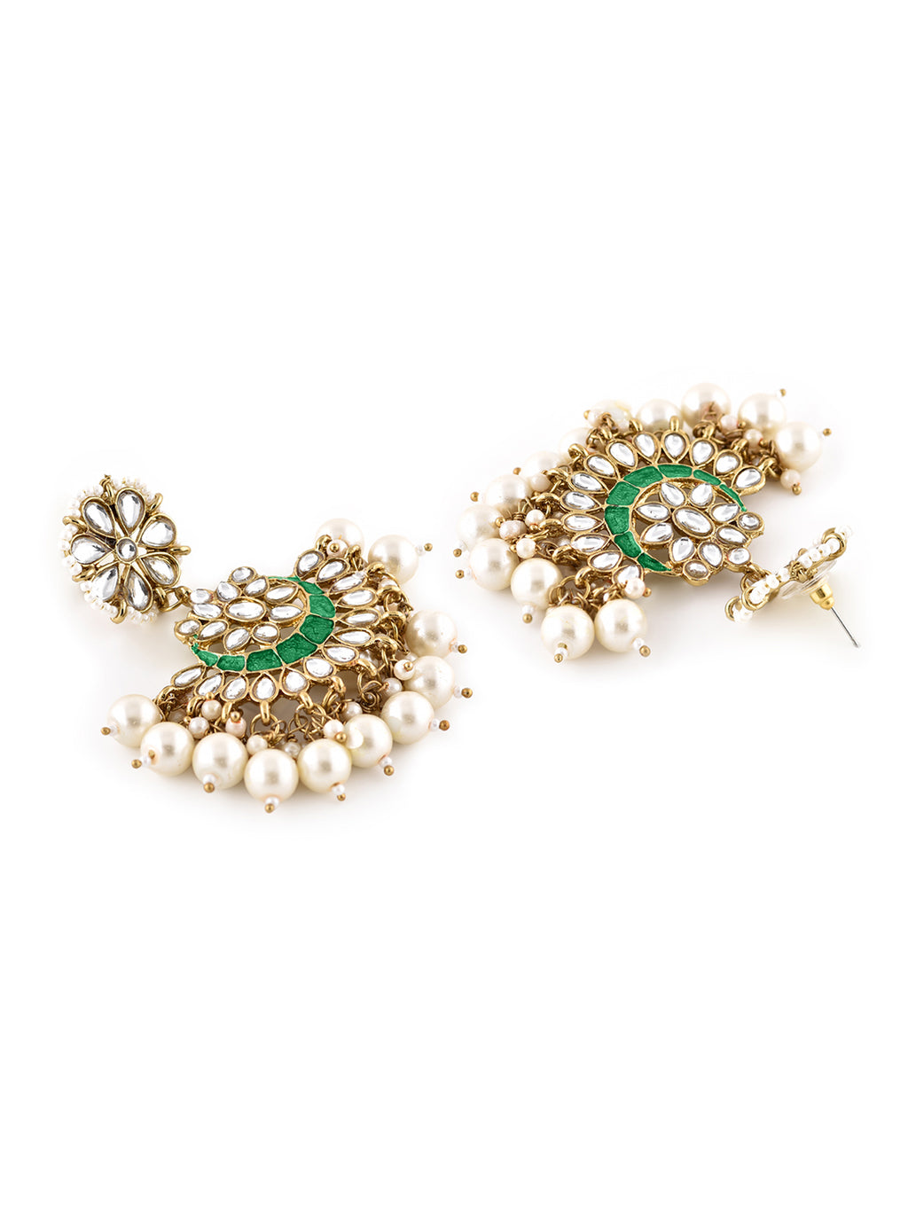 Golden Green Kundan Studded Contemporary Chandbalis