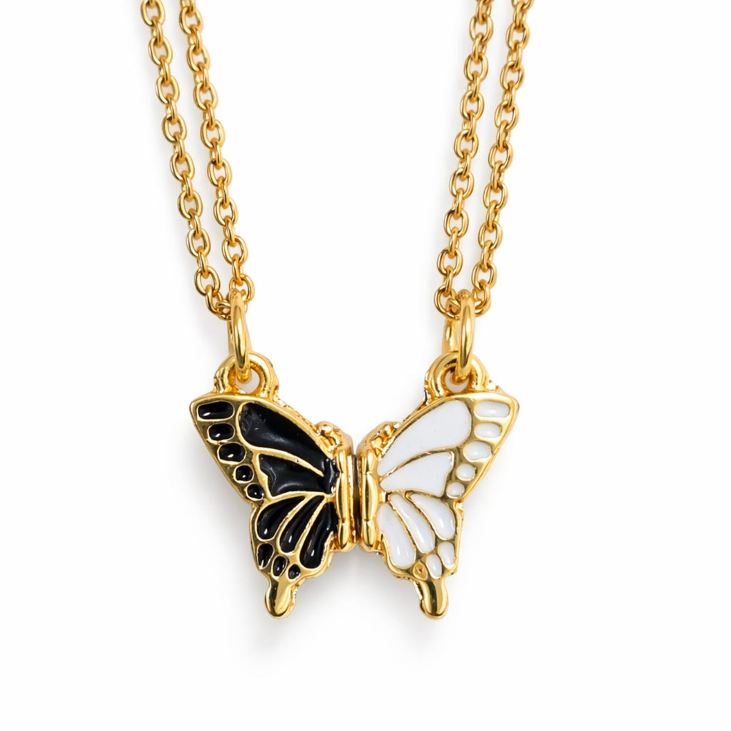 Golden Black & White Butterfly Wings Pendant Necklace