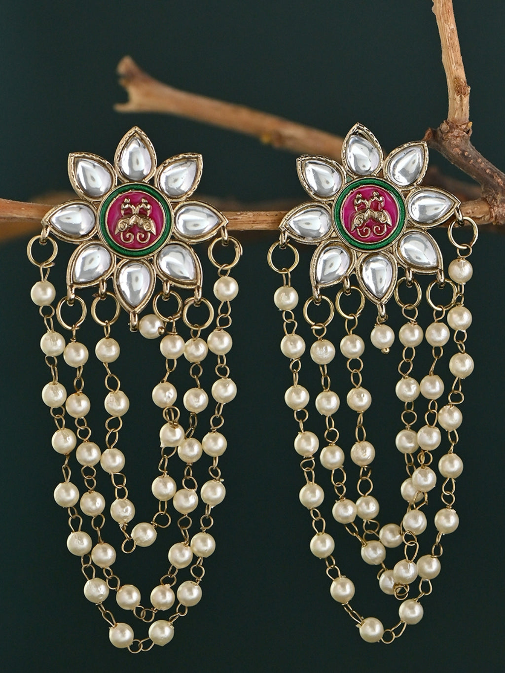 Raj-Kamal Kundan Pearl Phool Jhaalar Drop Earrings