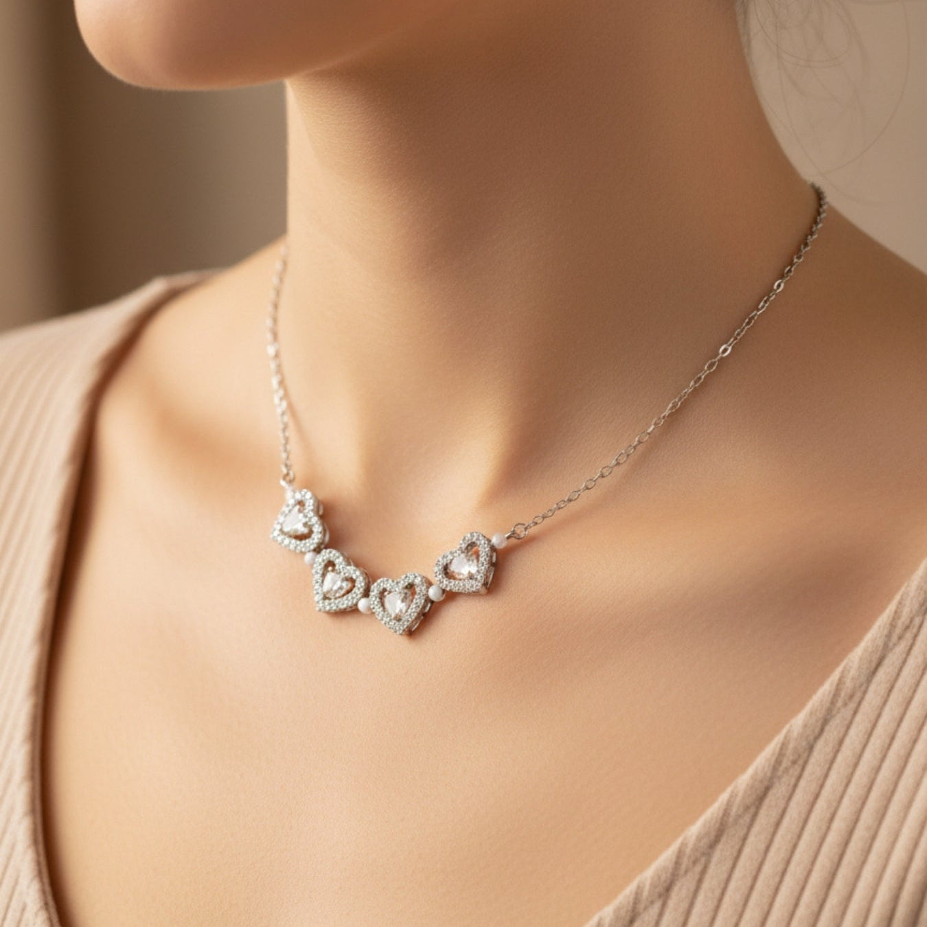 Zircon Heart Magnetic Clover Necklace - Silver