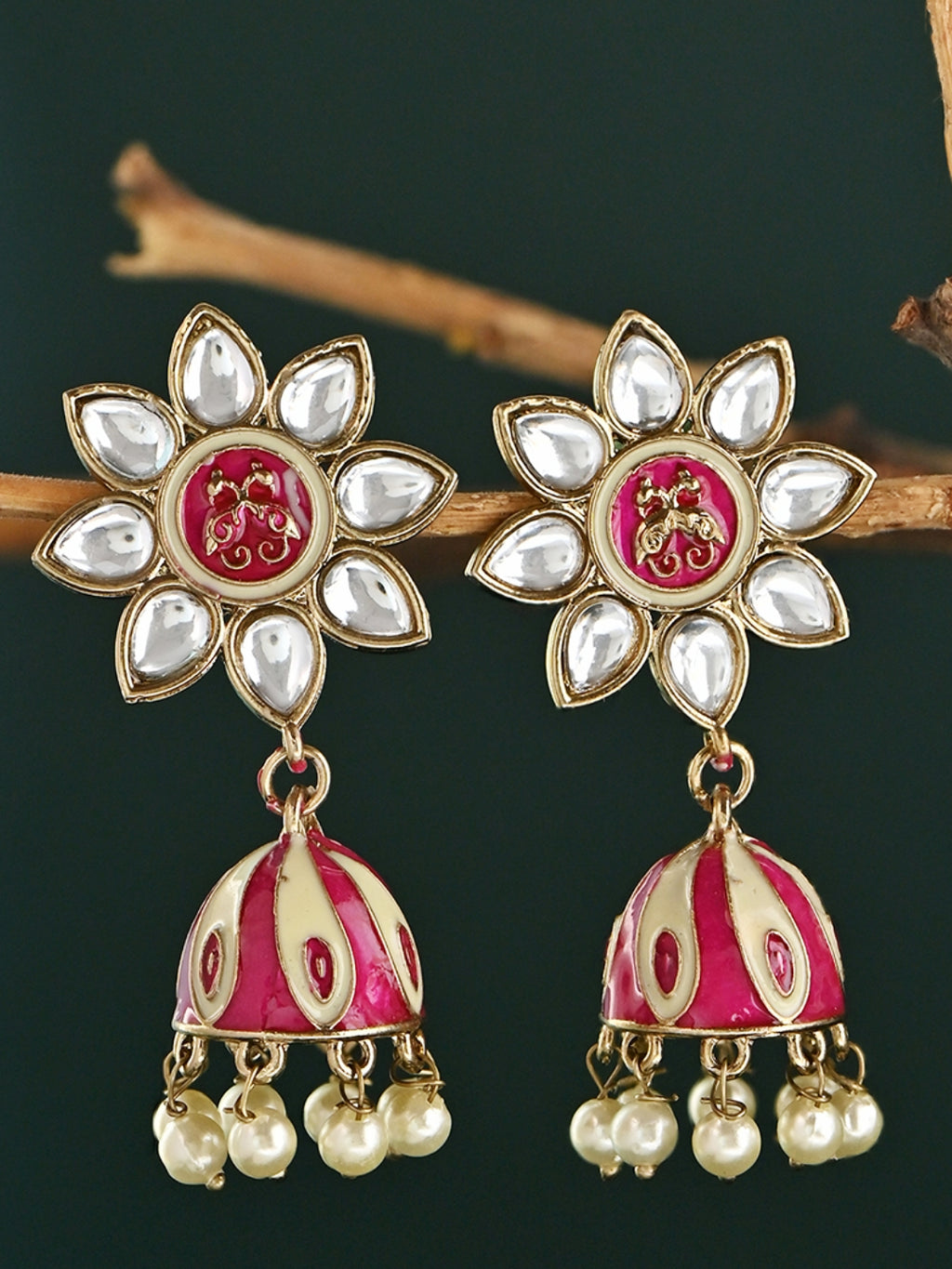 Gulnoor Handcrafted Meenakari Floral Pink & White Stone Jhumkas
