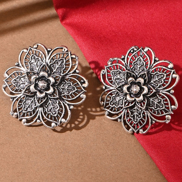 Floral Silver Oxidised Stud Earrings
