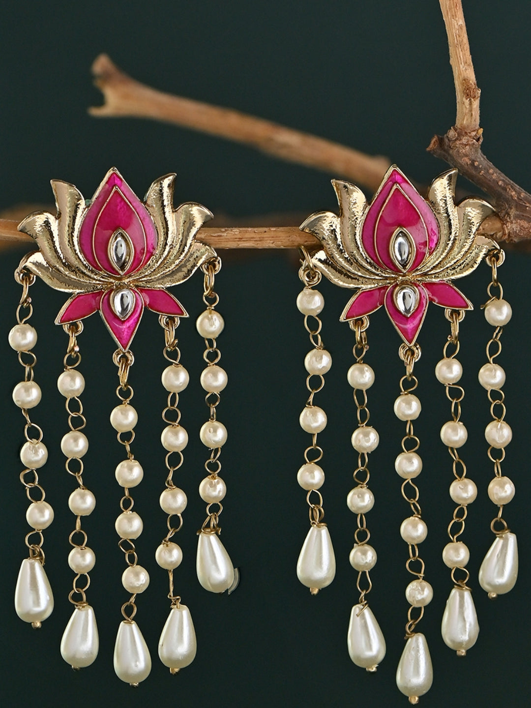 Padma-Raagini Fuschia Pearl Tasselled Floral Drop Earrings