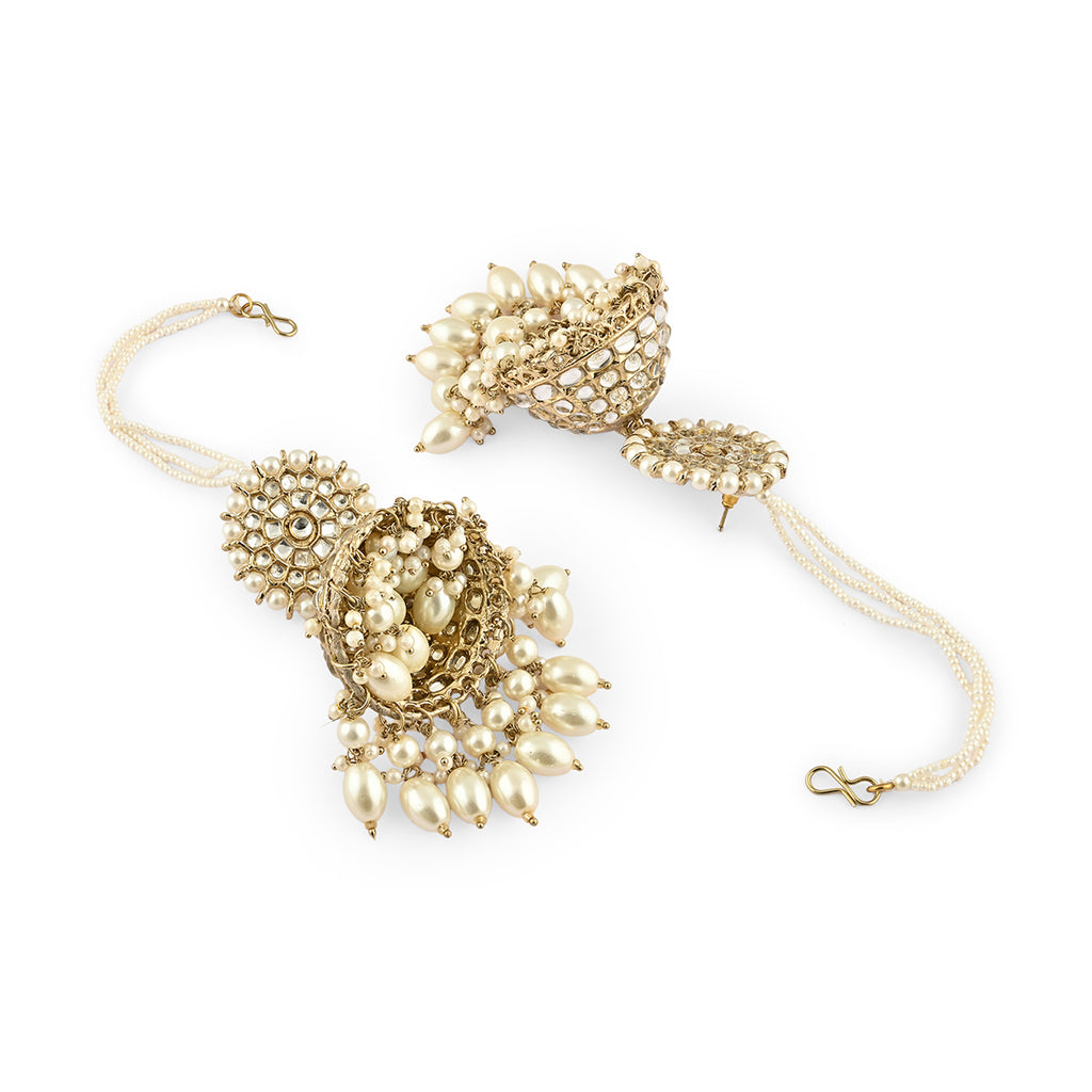 Blush Pink Heavy Jhumka Earring With Ear Chain