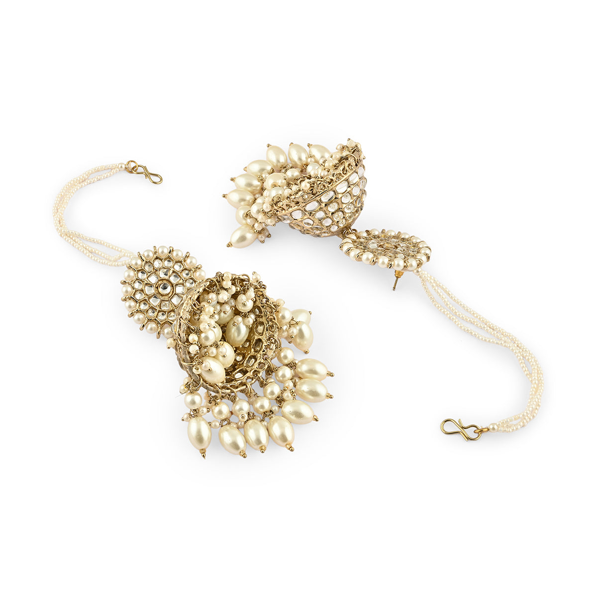 Blush Pink Heavy Jhumka Earring With Ear Chain