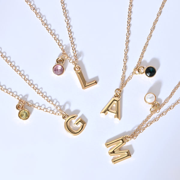 Personalised Initials & Birthstone Charms Necklace - I