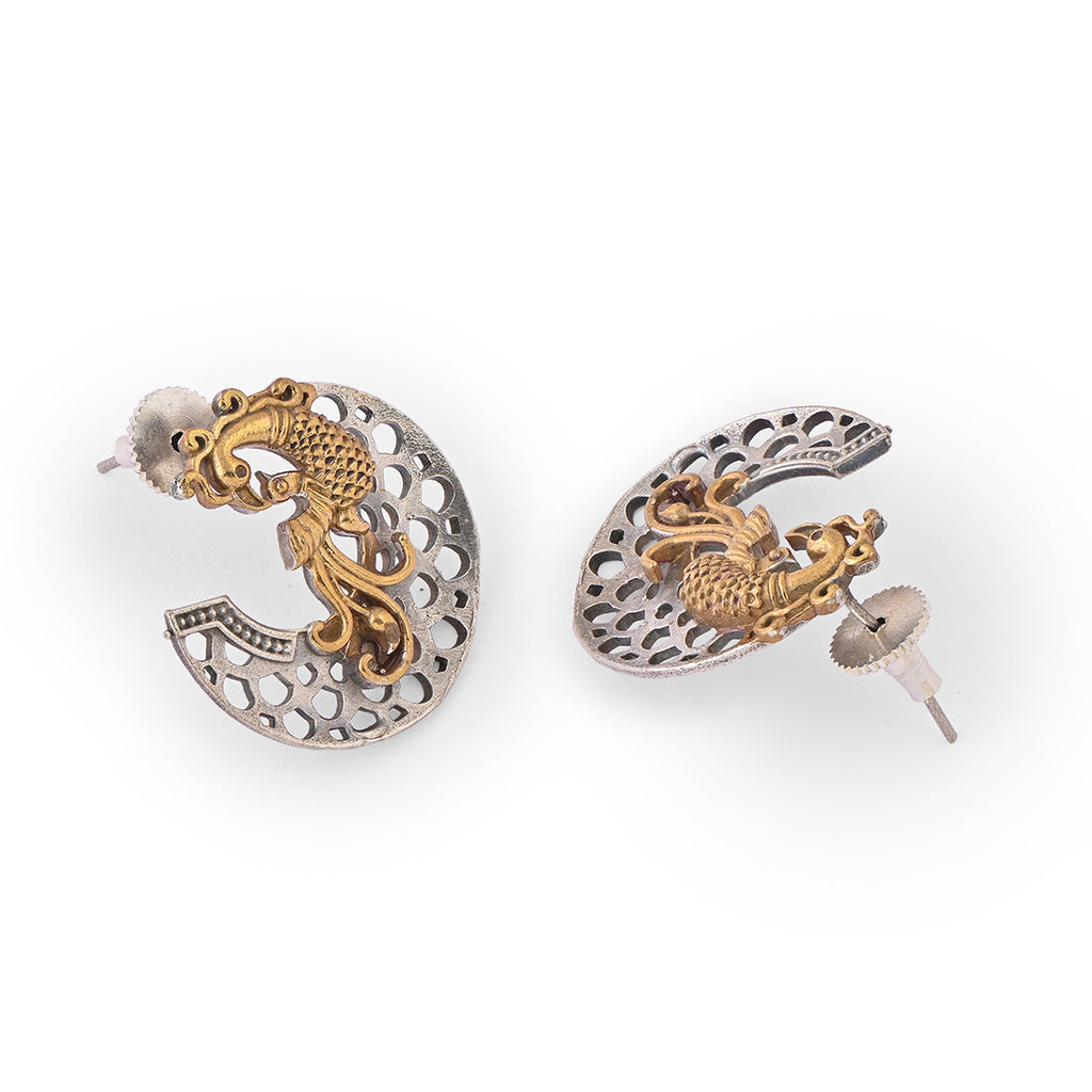 Antique Gold & Silver-Toned Peacock Stud Earrings