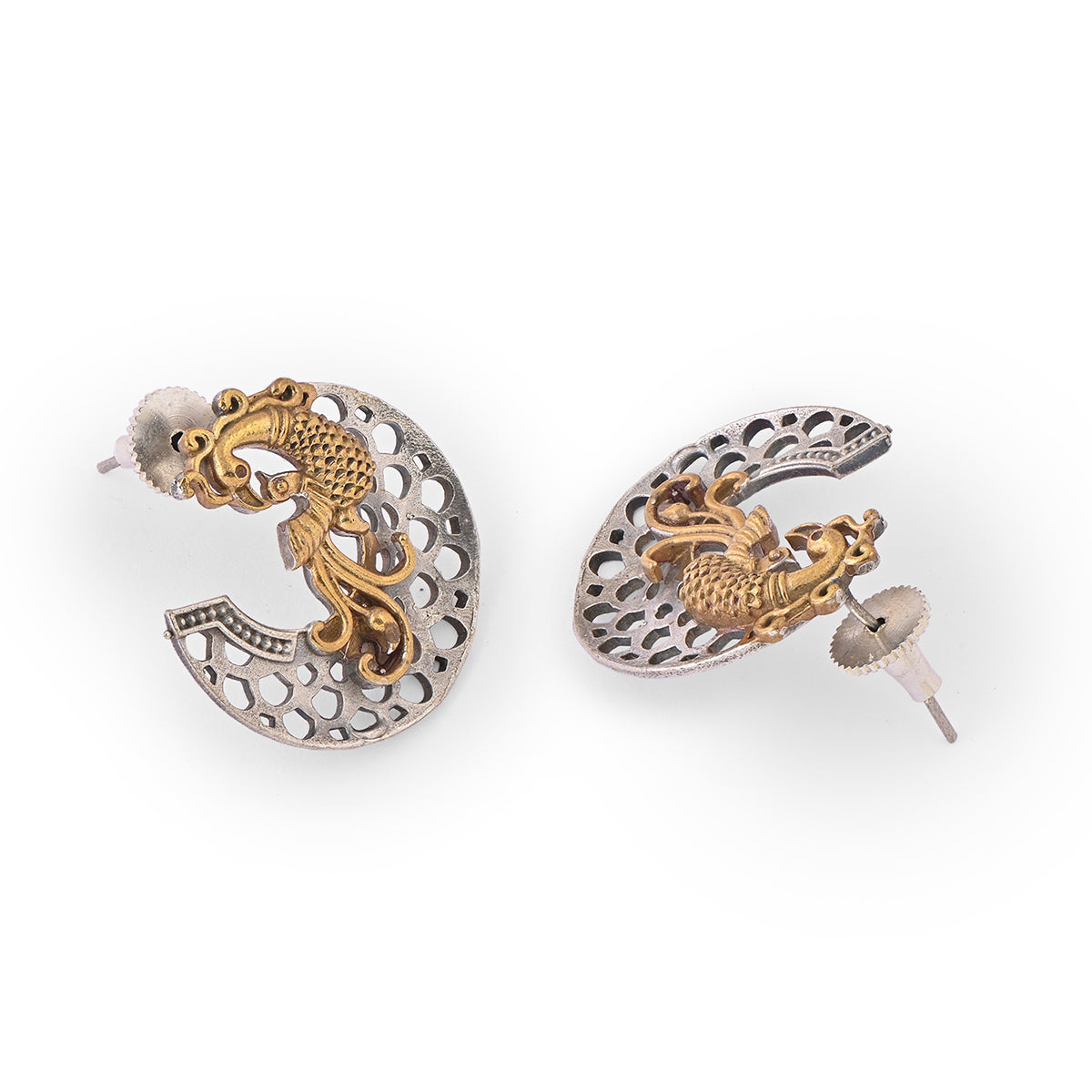Antique Gold & Silver-Toned Peacock Stud Earrings