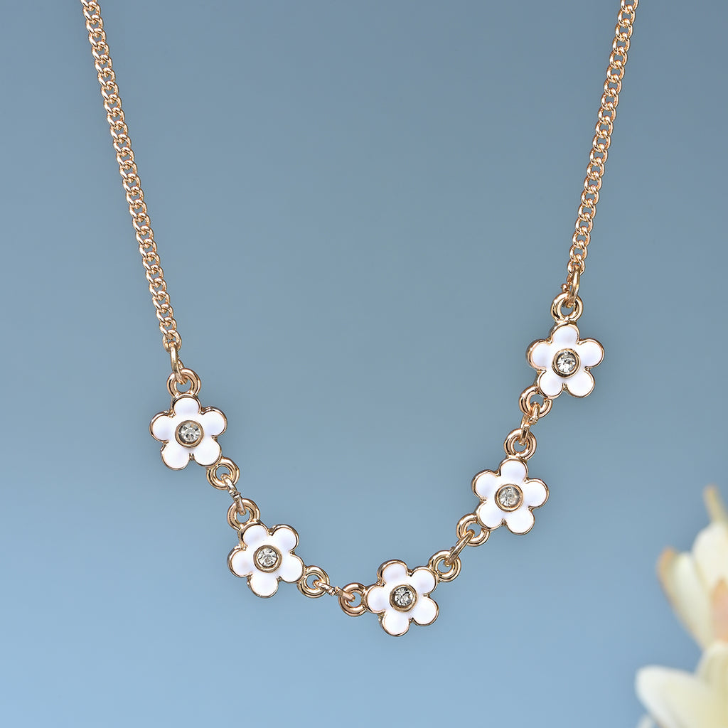 Golden & White Enamel Flower Charm Necklace