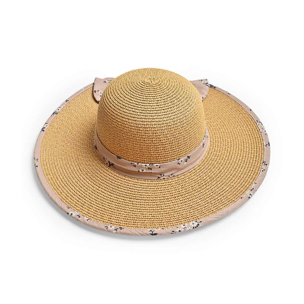 Brown Woven Straw Sun Hat with Floral Bow Back Detail