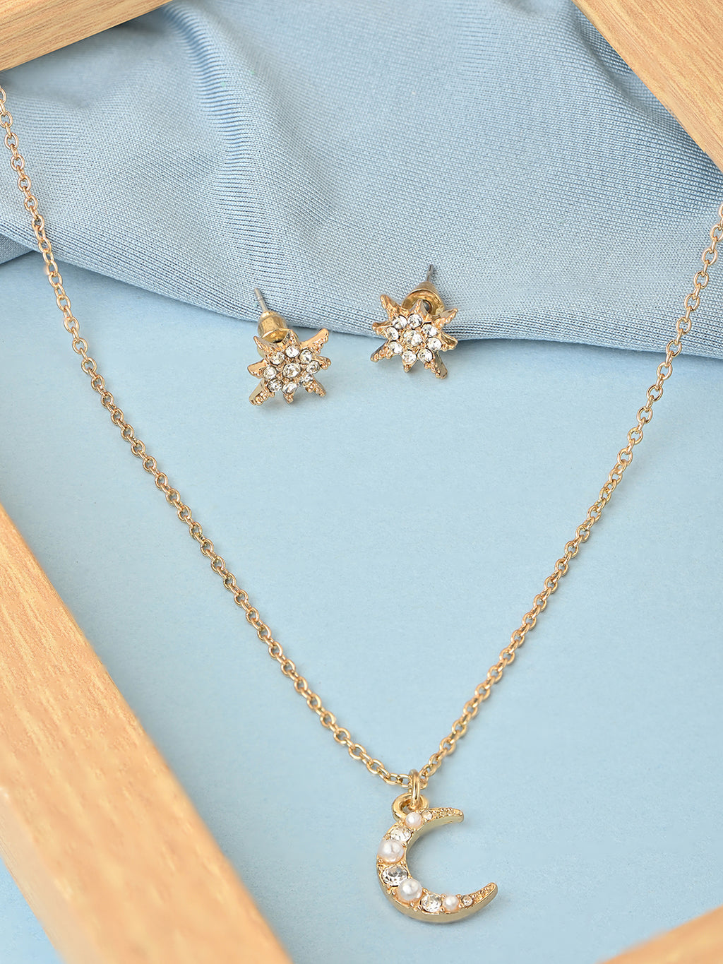 Crescent Moon Necklace with Star Studs