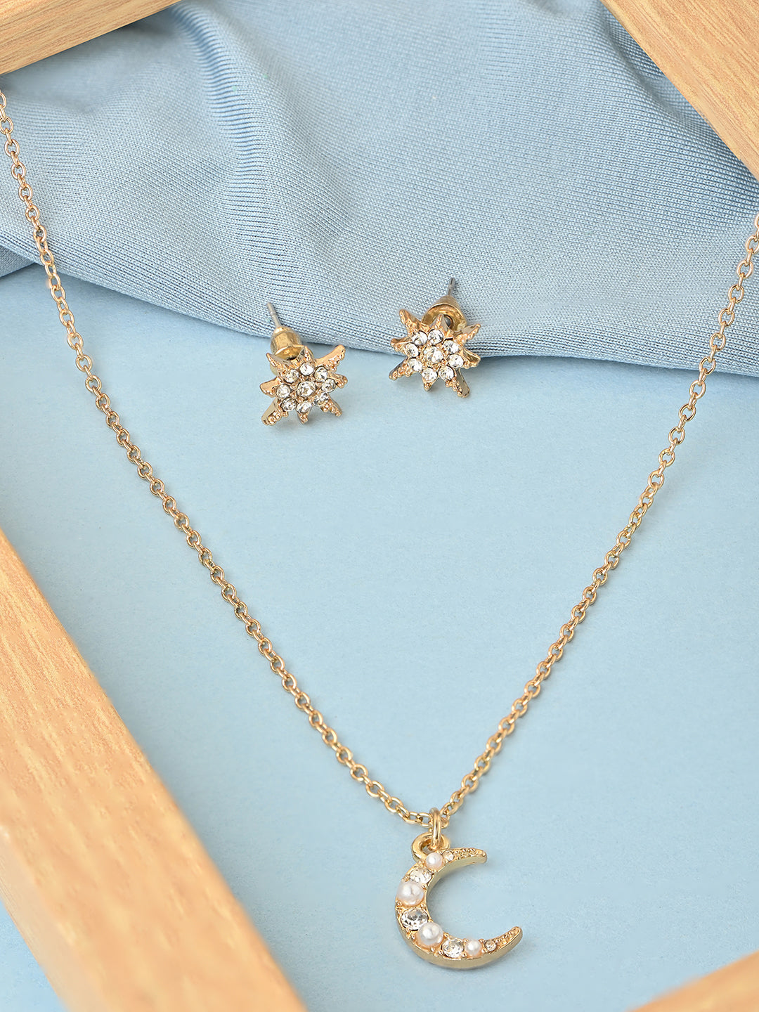 Crescent Moon Necklace with Star Studs