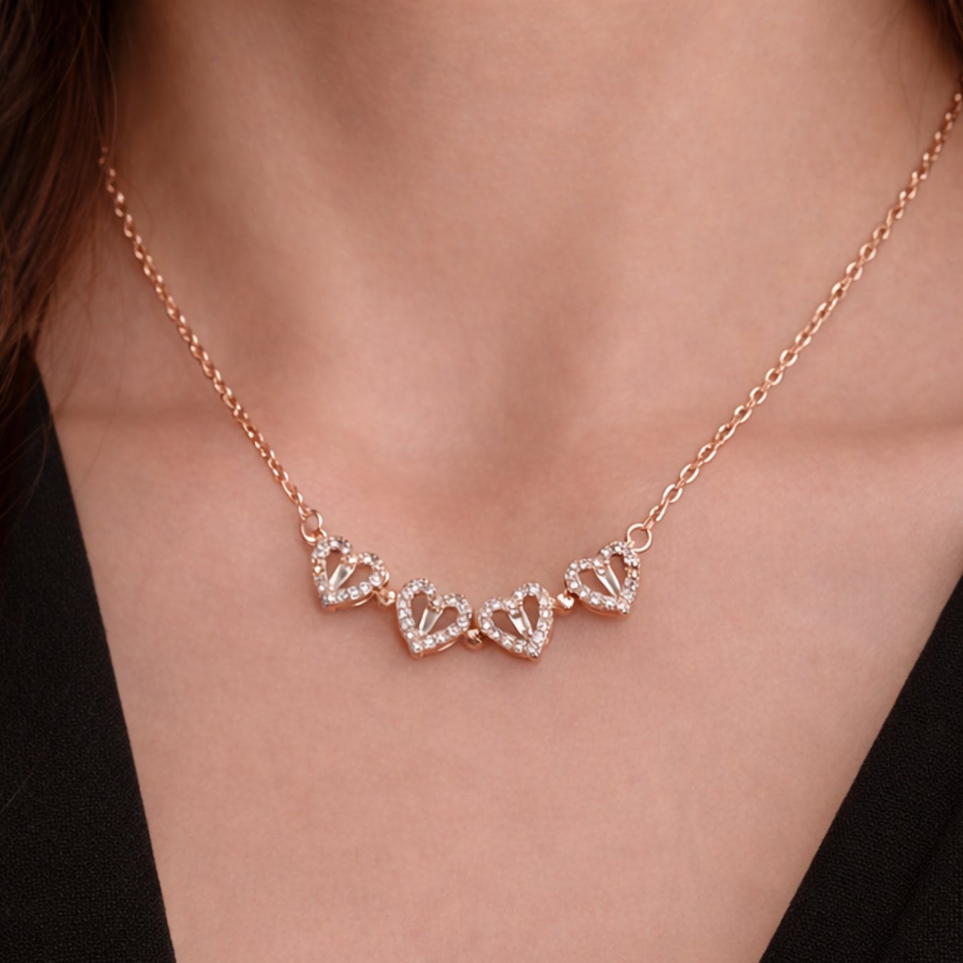 Zircon Heart Magnetic Clover Necklace - Rose Gold