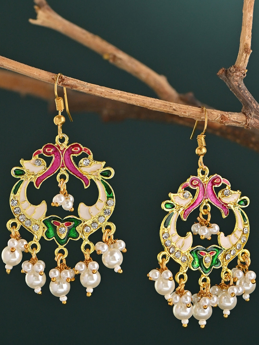 Mayur-Milap Gold Meenakari Pearl Drop Earrings