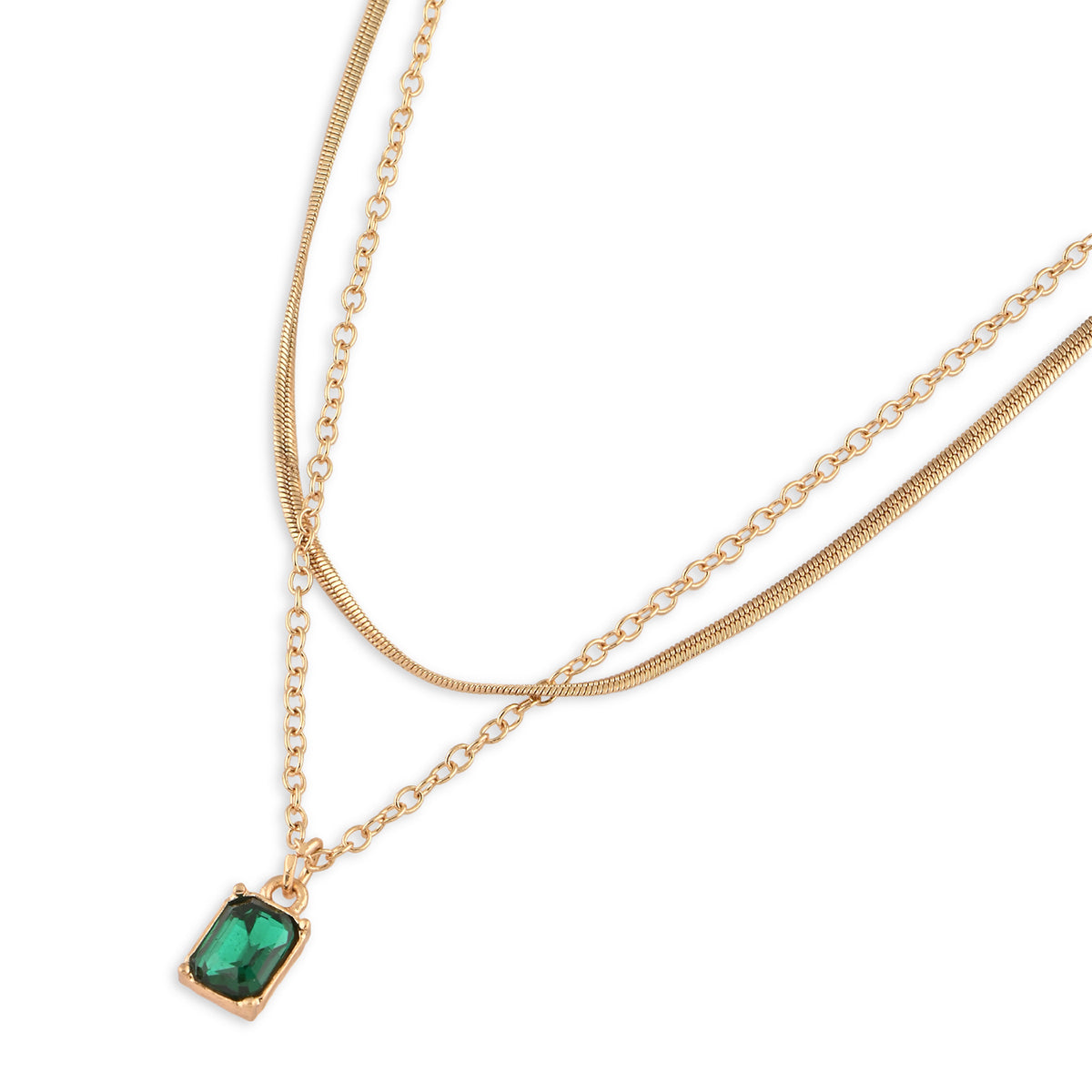 Golden Layered Necklace with Green Square AD Pendant