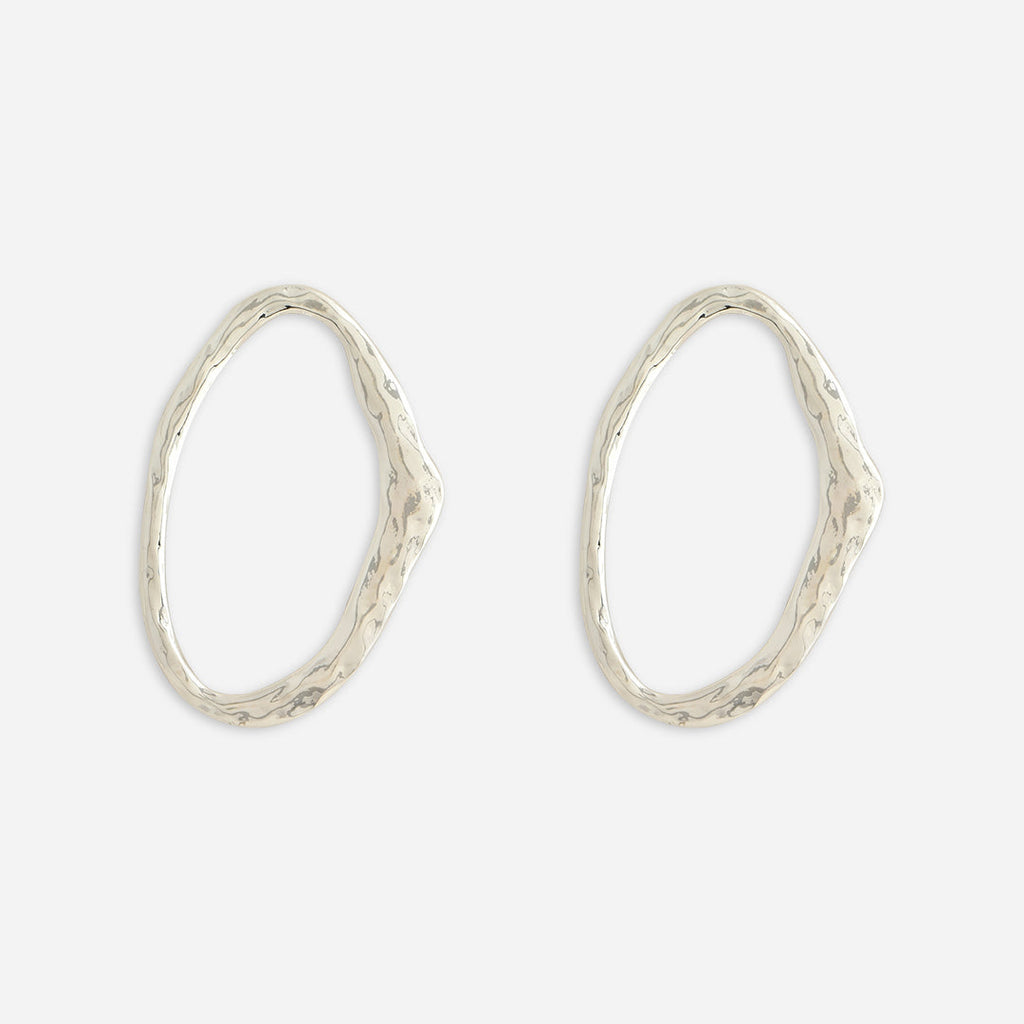 A pair of silver-plated oval-shaped stud earrings with a polished finish.
