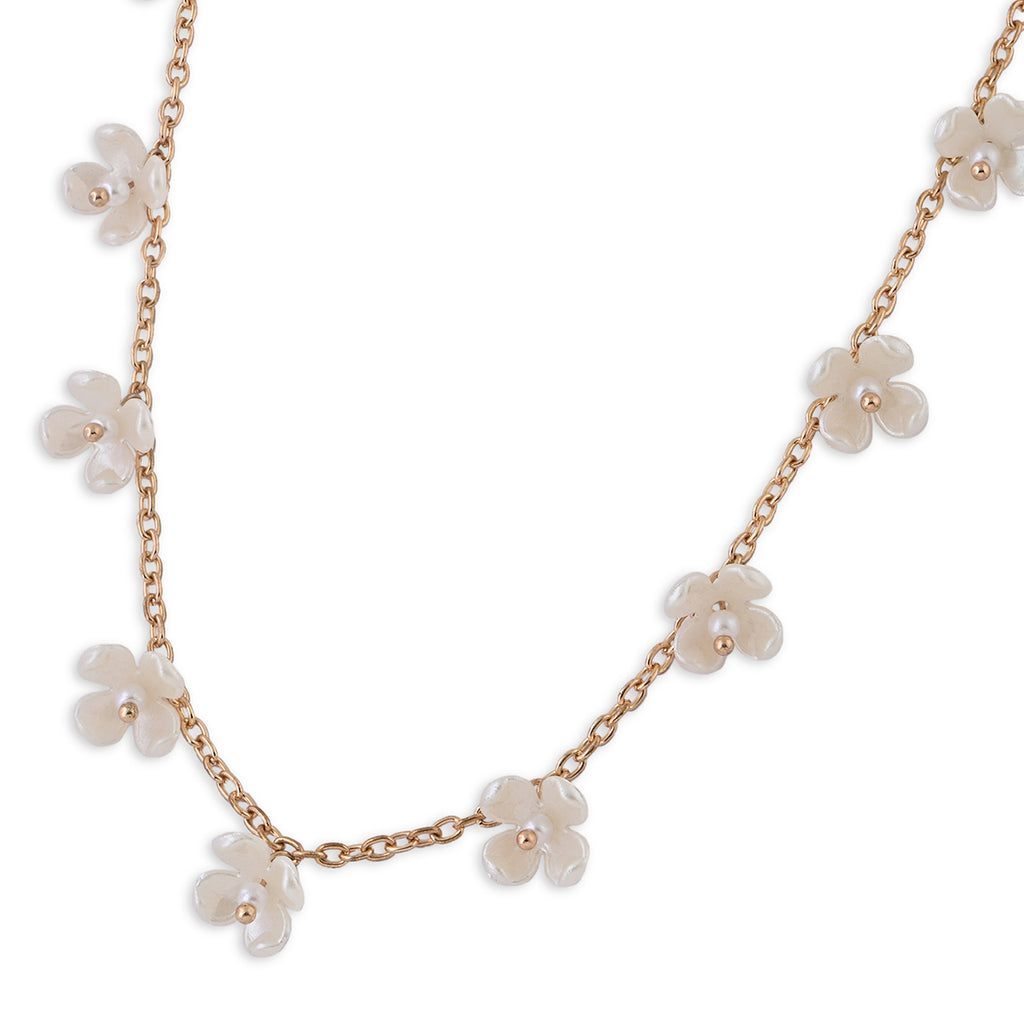 Gold-Toned Floral Choker Necklace with Pearl Beads
