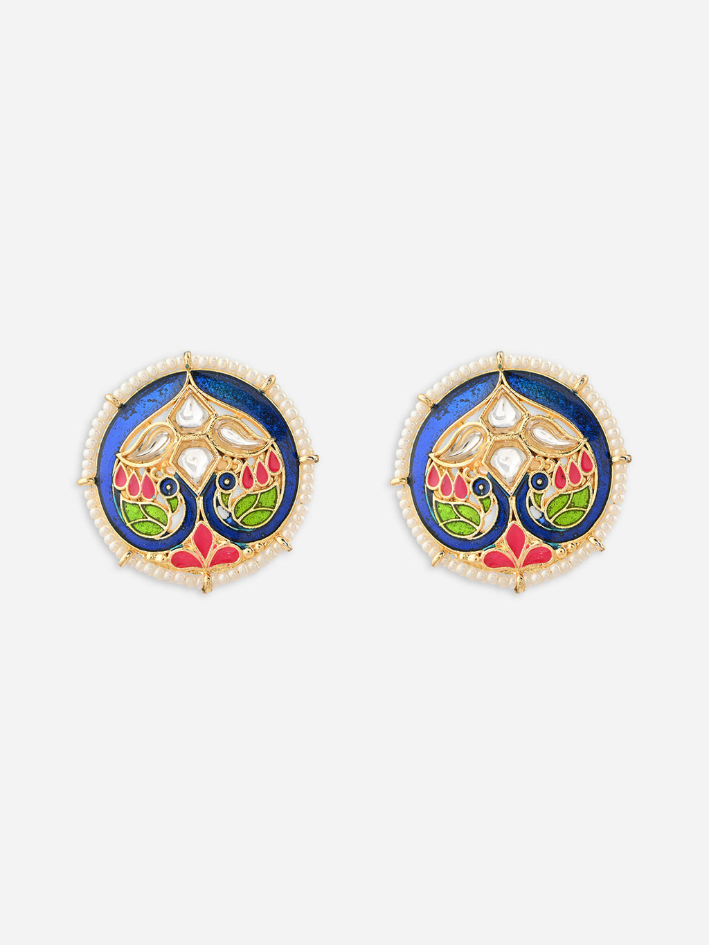 Gul-Rang Meenakari Twin Peacock Pearl Border Stud Earrings