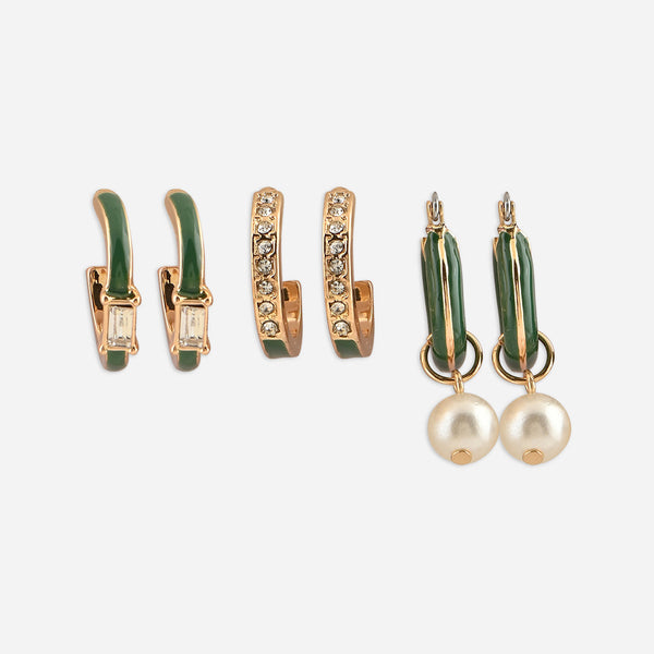 Emerald Glint Crystal Hoop Earrings (Set of 3)