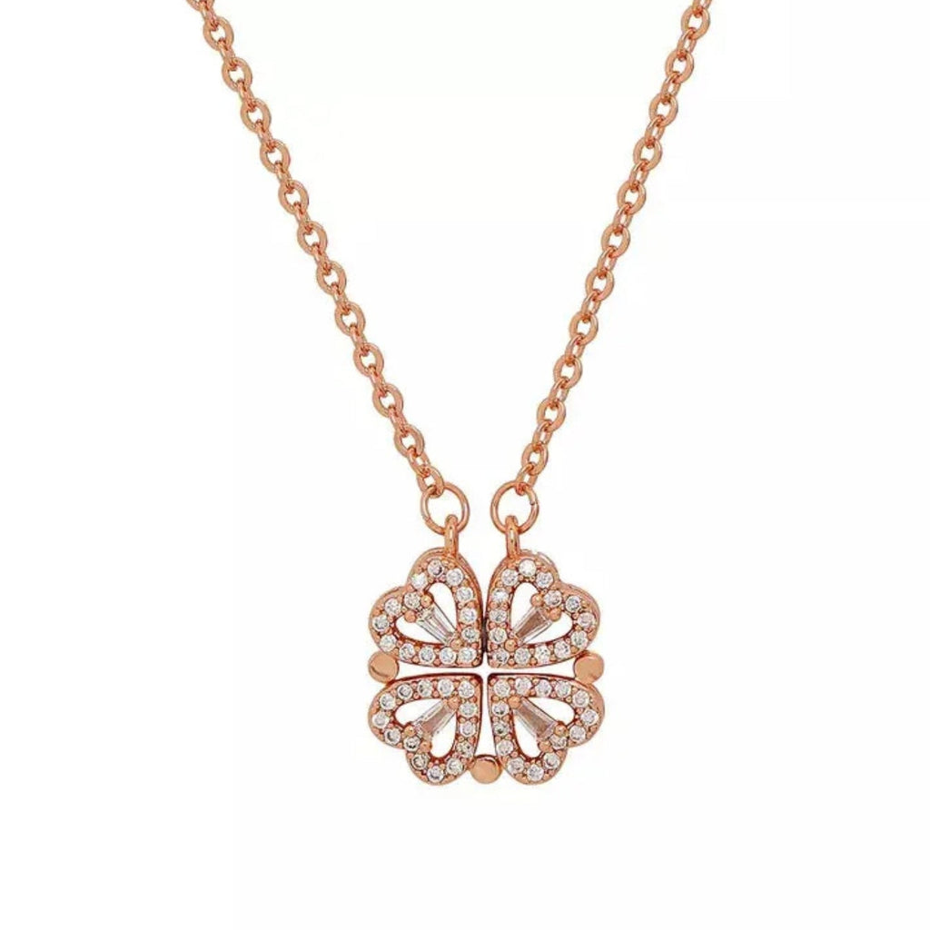 Zircon Heart Magnetic Clover Necklace - Rose Gold
