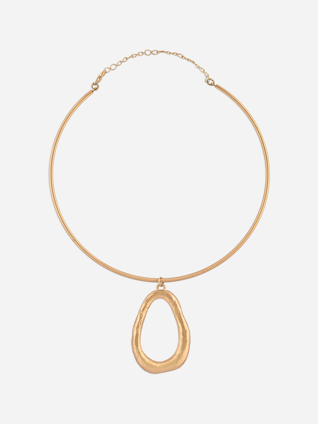 Gold necklace with a large, teardrop-shaped pendant on a white background