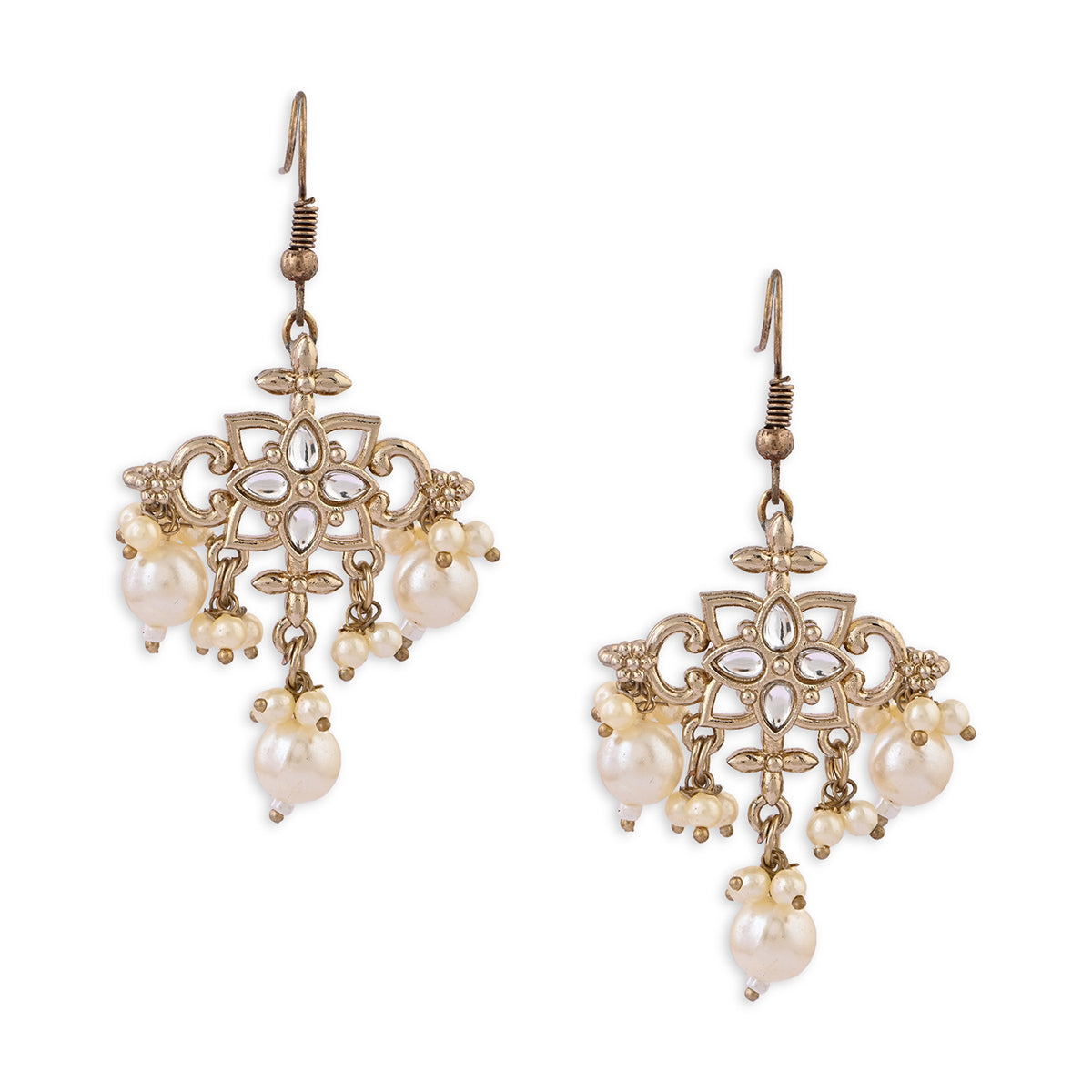 Kundan & Pearl Geometric Drop Earrings