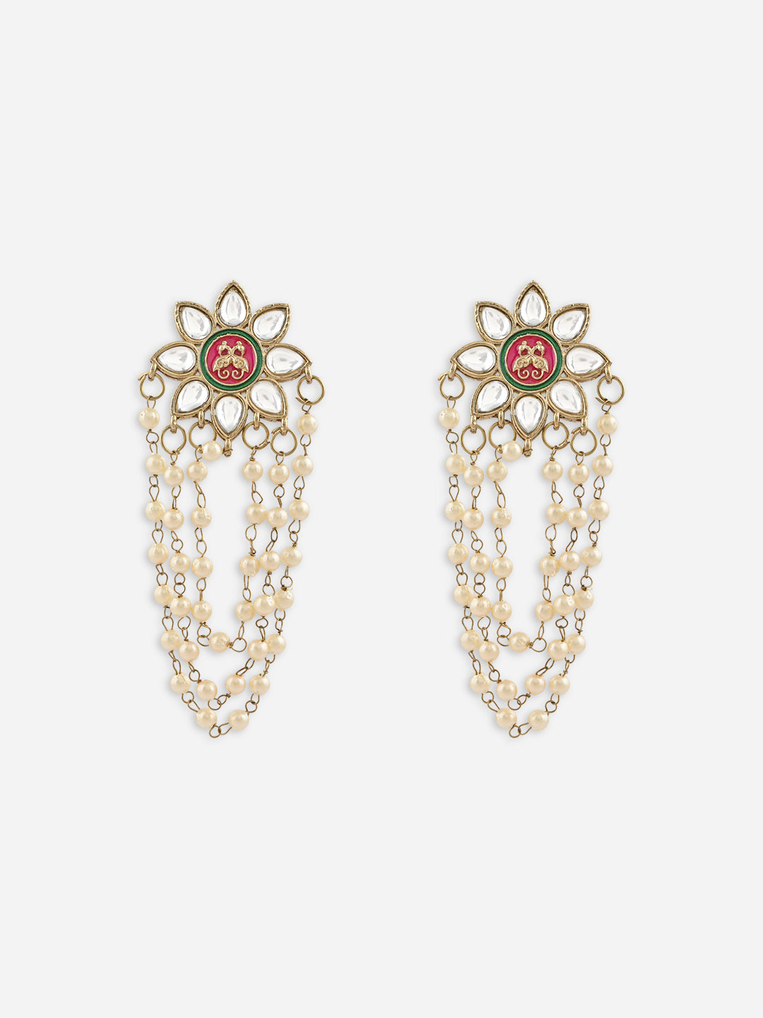 Raj-Kamal Kundan Pearl Phool Jhaalar Drop Earrings