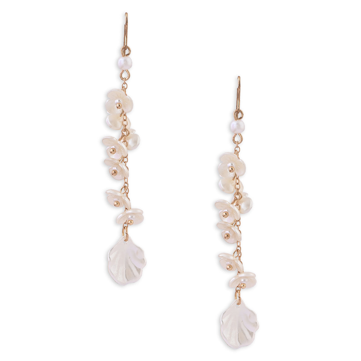 Pair of pearl and shell drop earrings on a white background. ToniQ jewellery is skin safe, nickel free, cadmium free, hypoallergenic, and lab tested for your comfort and trust.