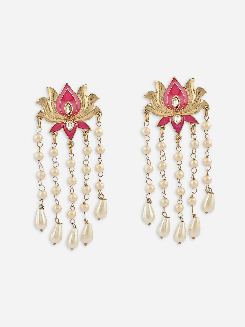 Padma-Raagini Fuschia Pearl Tasselled Floral Drop Earrings