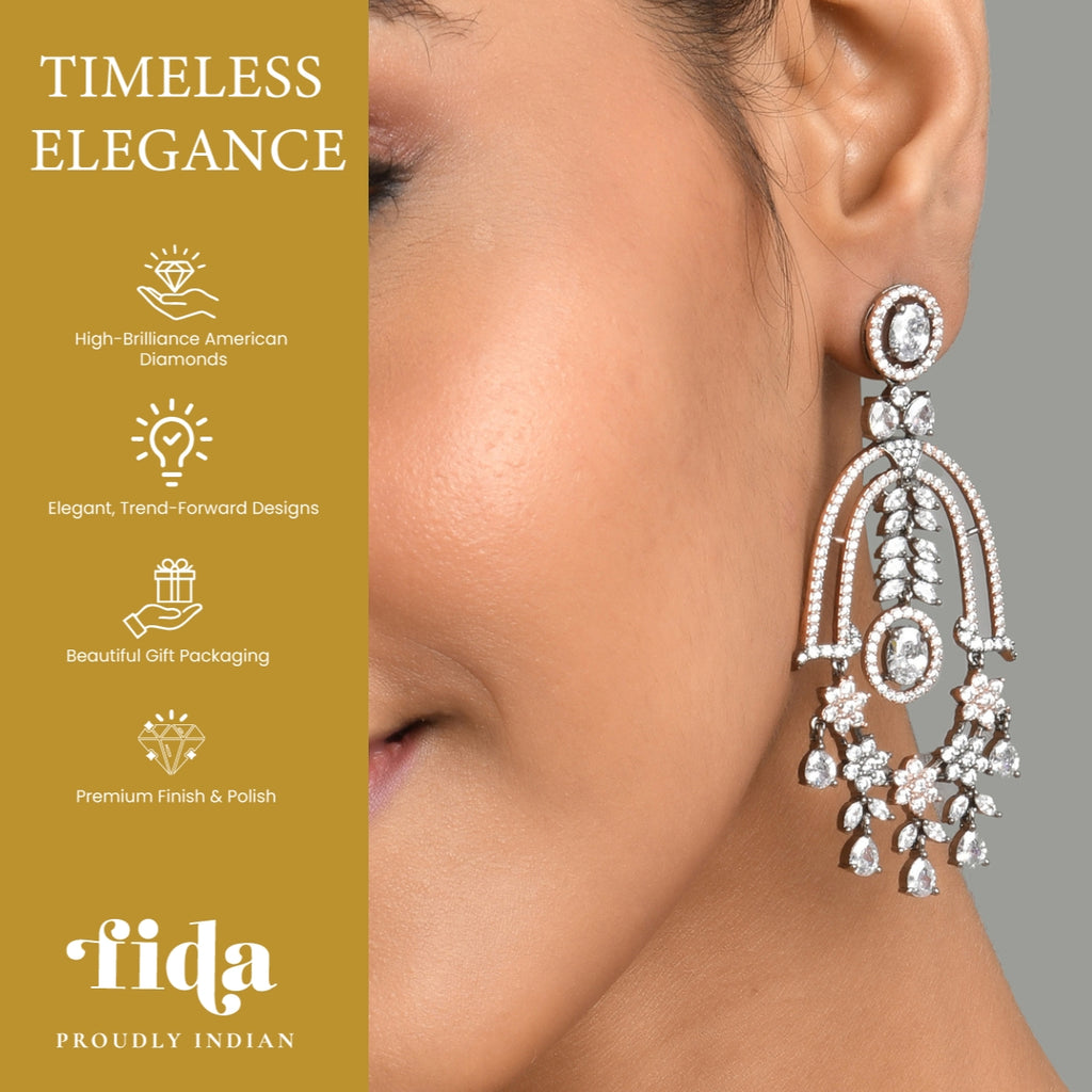 American Diamond Dual Toned Silver Plated Floral Drop Earring