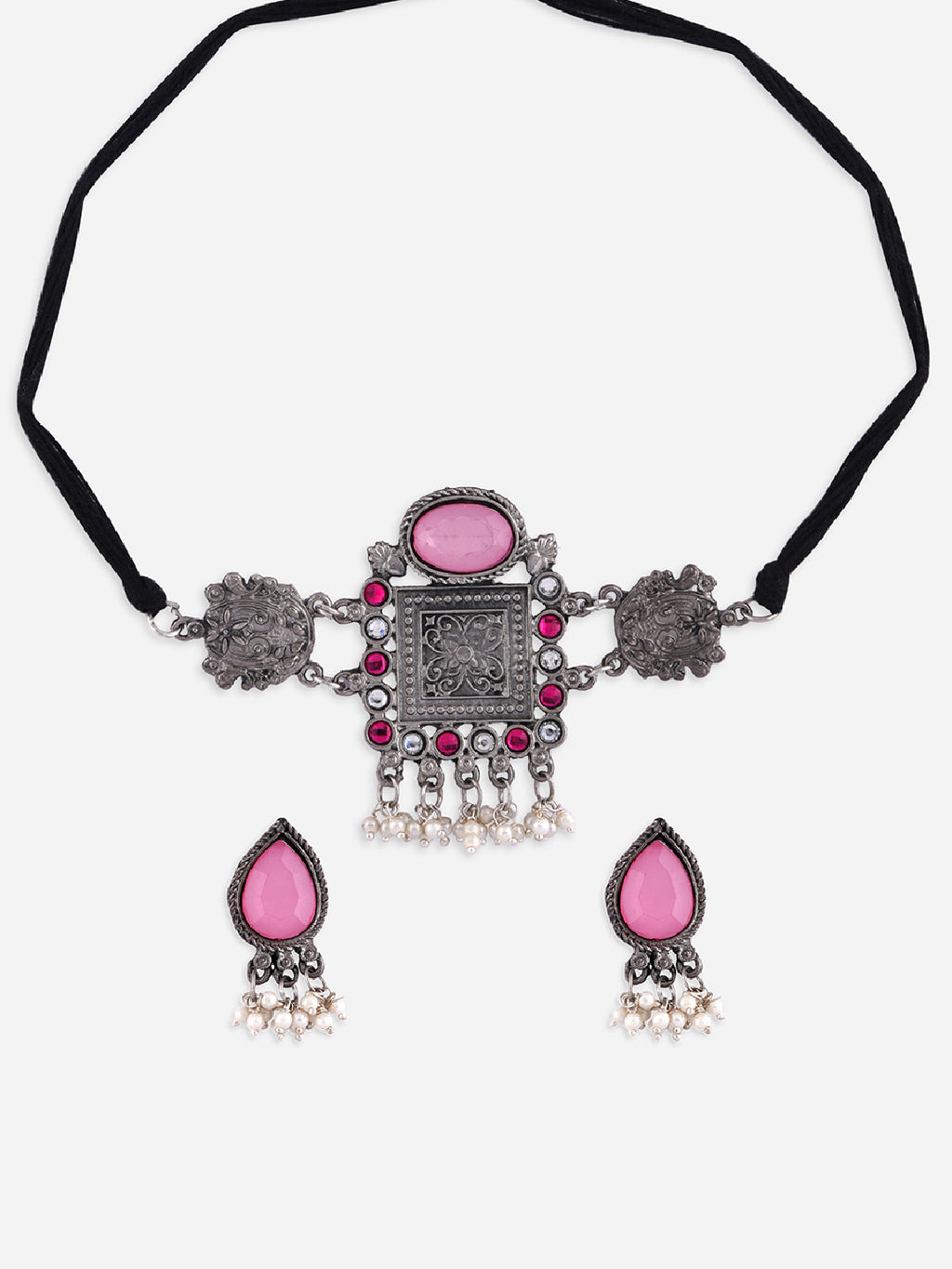 Multicolor Stones Silver Plated Oxidised Geometric Choker Set