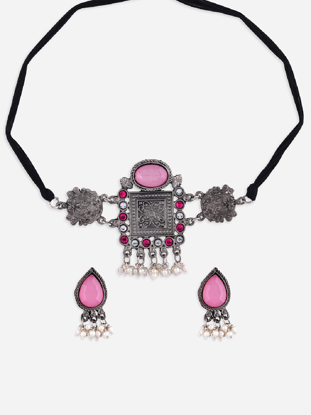 Multicolor Stones Silver Plated Oxidised Geometric Choker Set