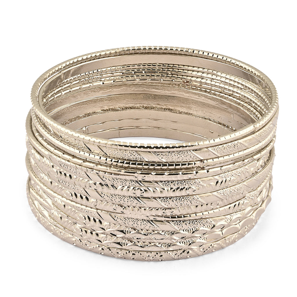 Silver-Plated Textured Classic Bangles Set (Set of 12)