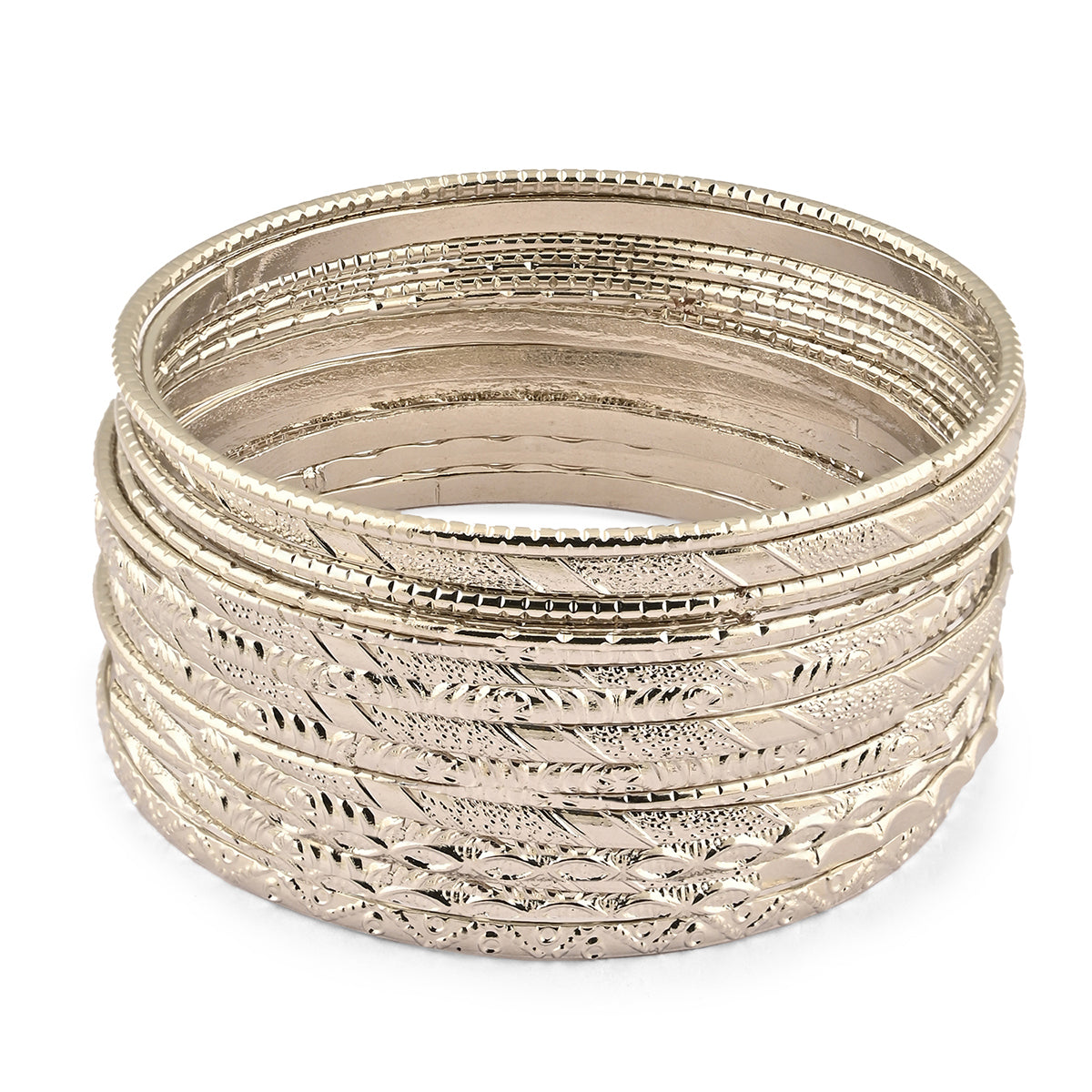 Silver-Plated Textured Classic Bangles Set (Set of 12)