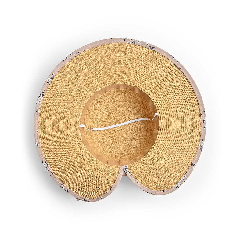 Brown Woven Straw Sun Hat with Floral Bow Back Detail