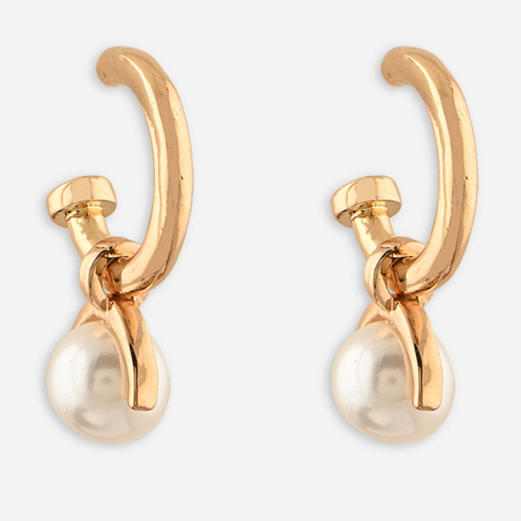 Gold hoop earrings with pearl drops on a white background