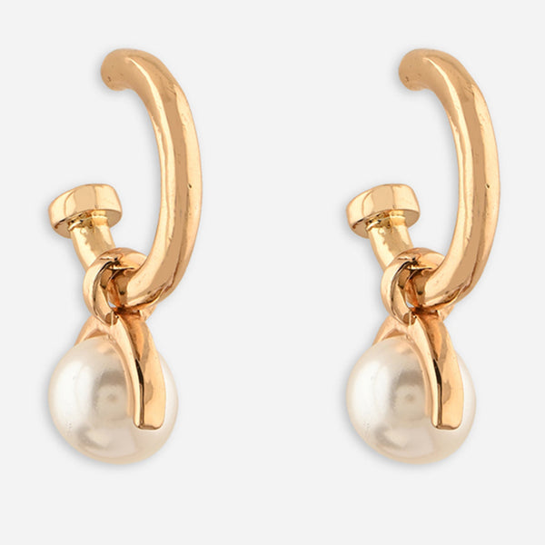 Gold hoop earrings with pearl drops on a white background