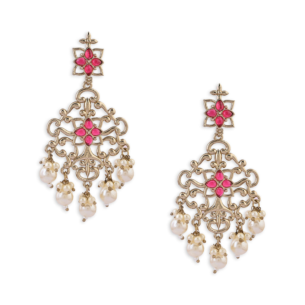Gold-Tone Red Stone & Pearl Drop Earrings