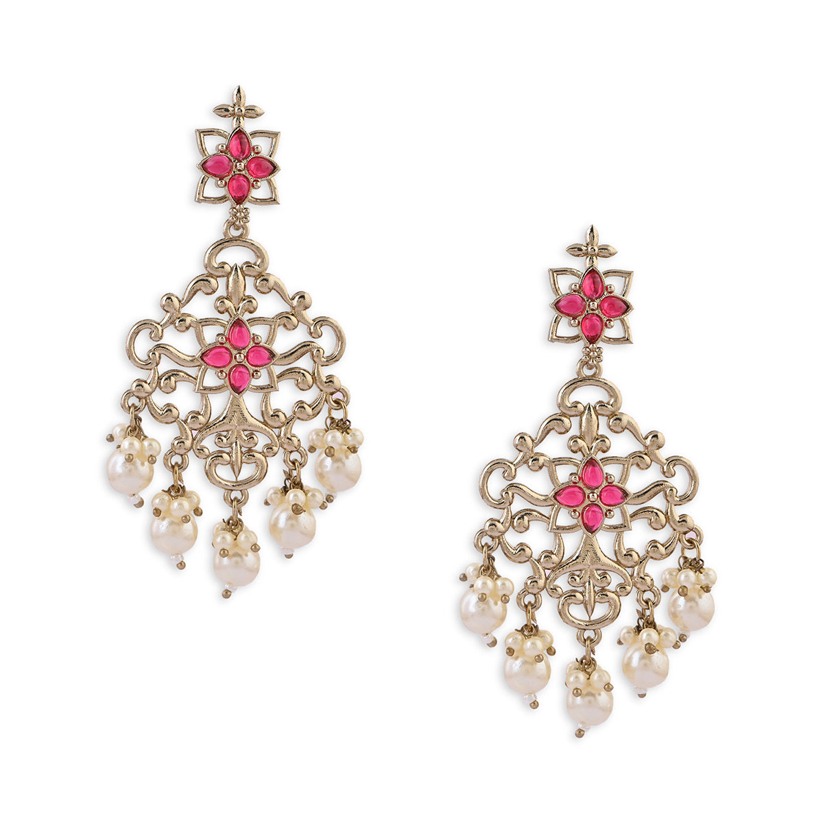Gold-Tone Red Stone & Pearl Drop Earrings