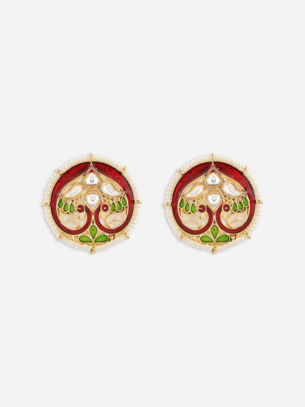 Gul-Rang Meenakari Twin Peacock Pearl Border Stud Earrings