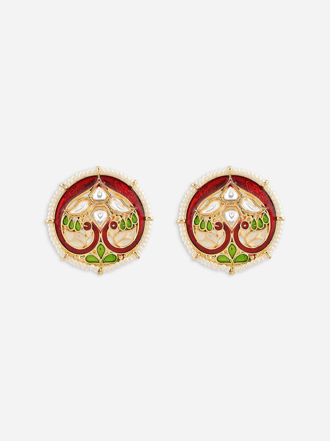 Gul-Rang Meenakari Twin Peacock Pearl Border Stud Earrings