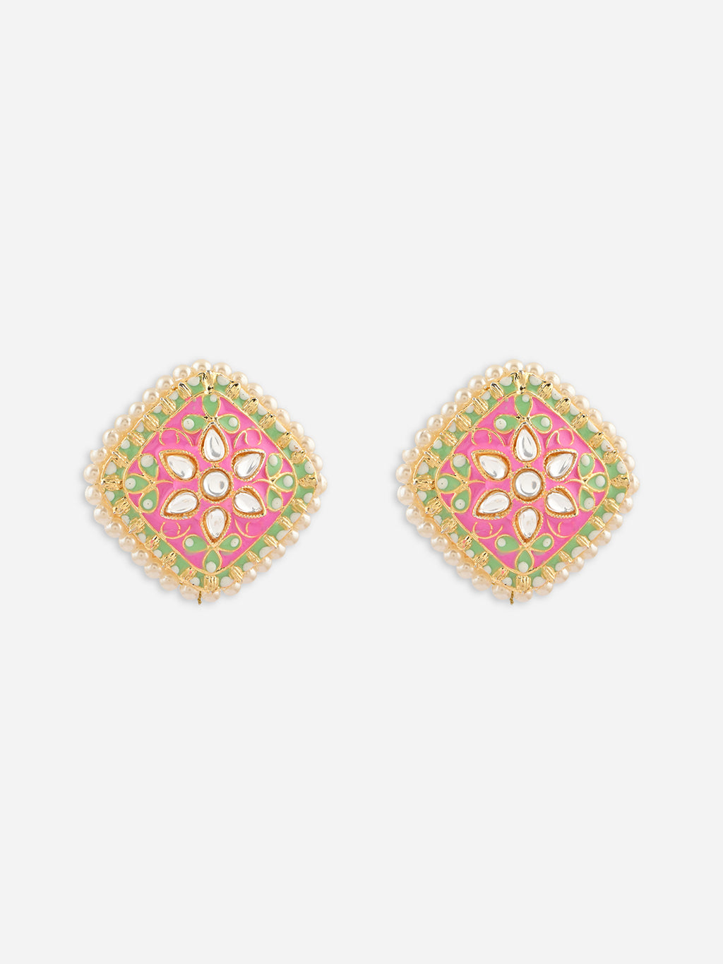 Gul-Zamrud Meenakari Kundan Pearl Studs