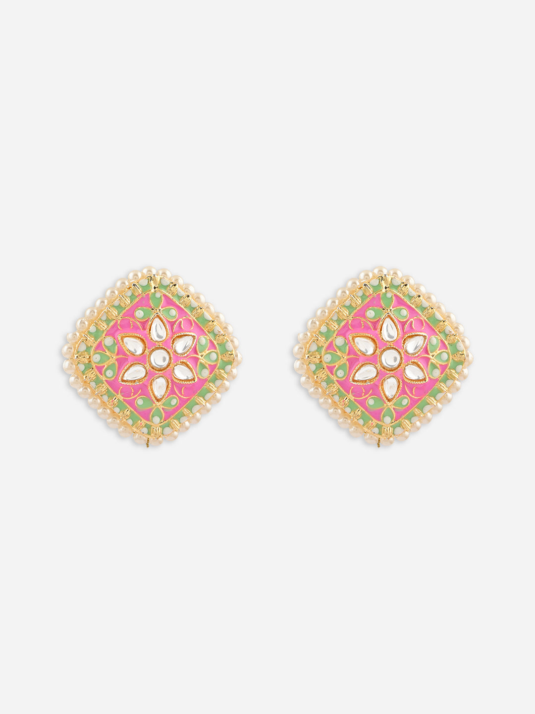 Gul-Zamrud Meenakari Kundan Pearl Studs