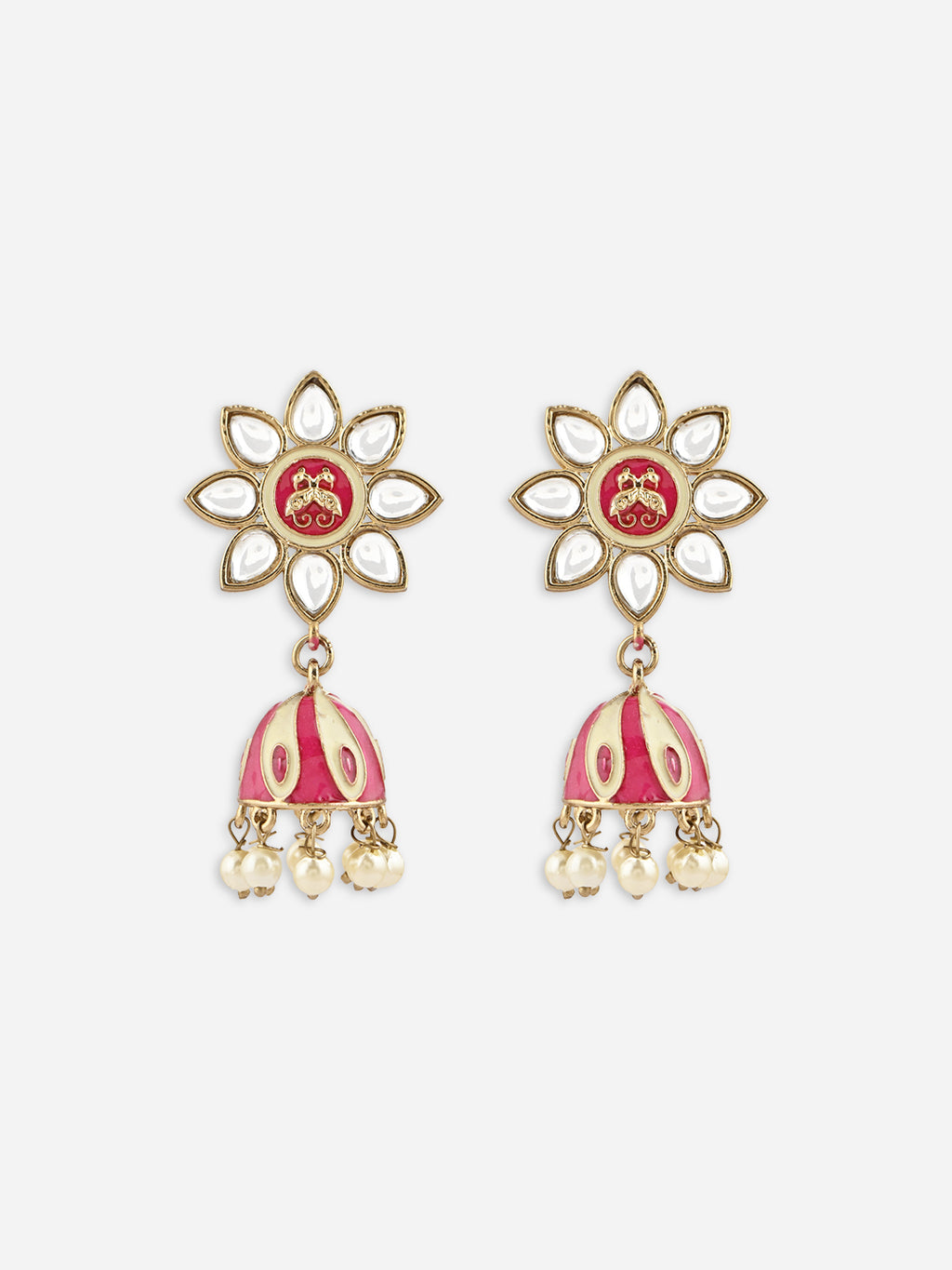Gulnoor Handcrafted Meenakari Floral Pink & White Stone Jhumkas