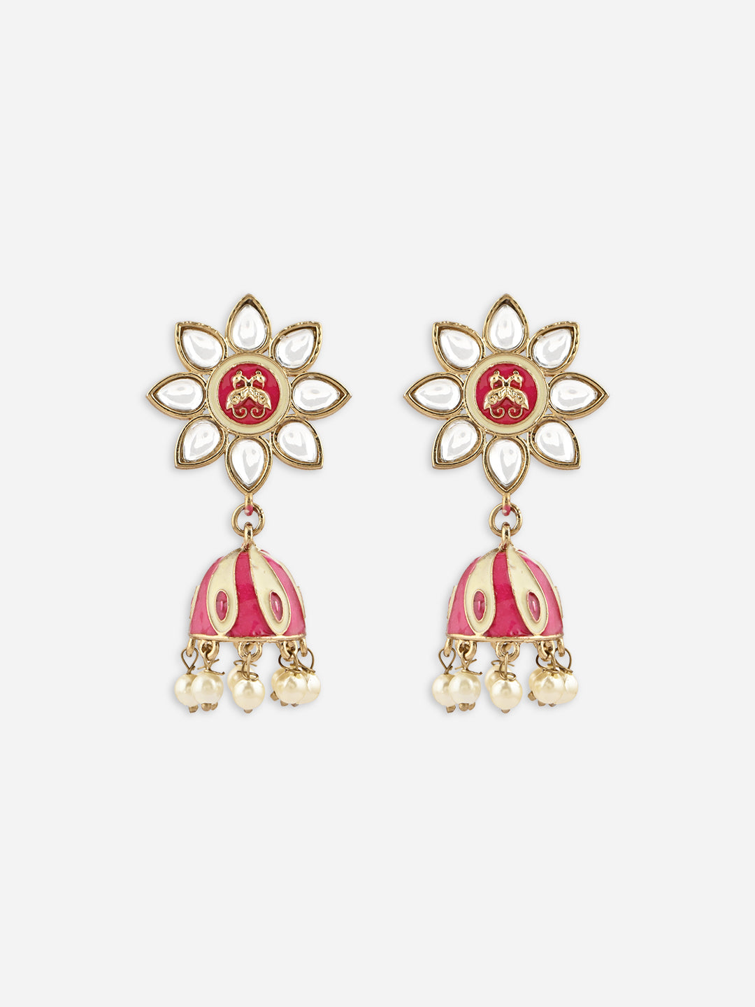 Gulnoor Handcrafted Meenakari Floral Pink & White Stone Jhumkas