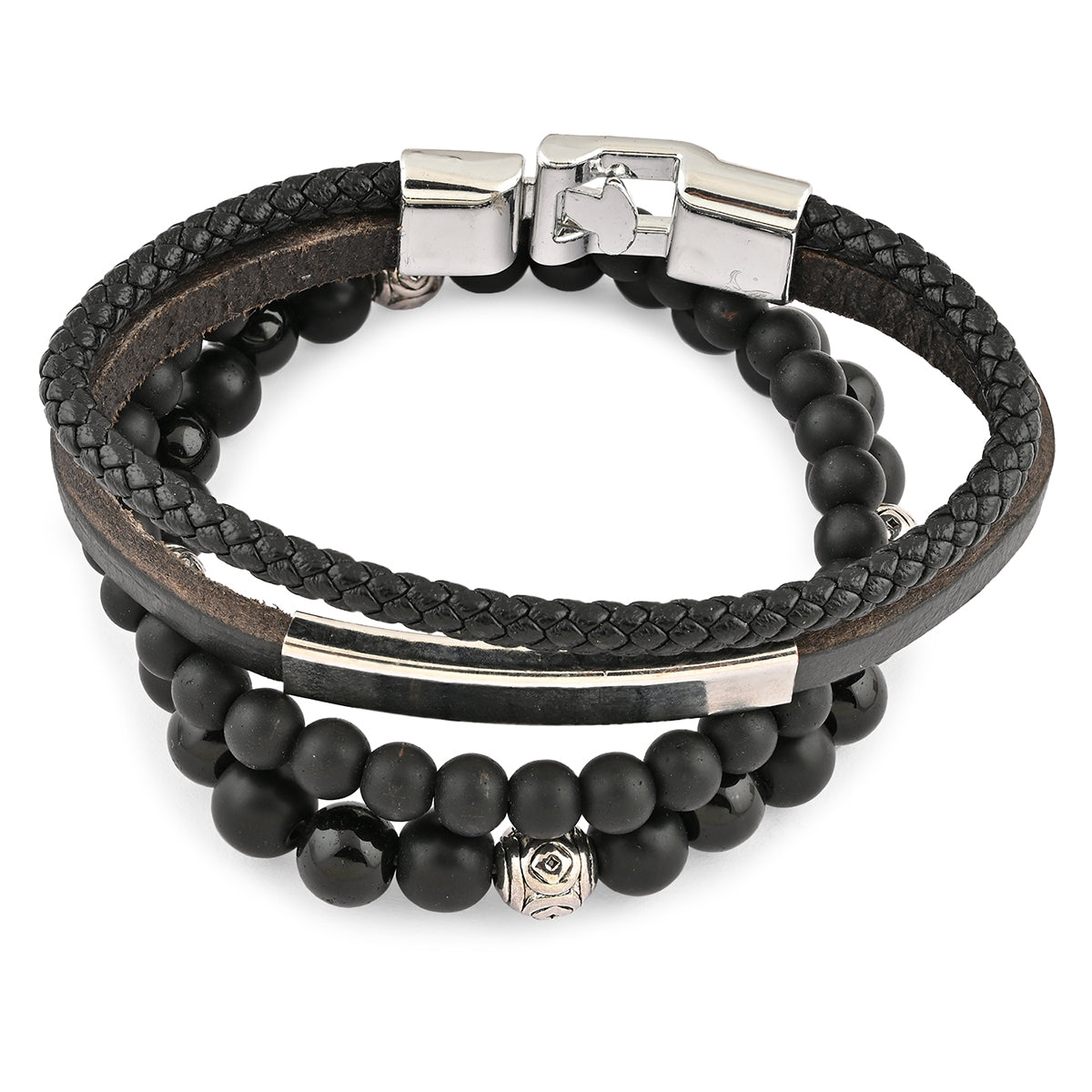 Black Leather & Bead Men’s Bracelet Set of 4