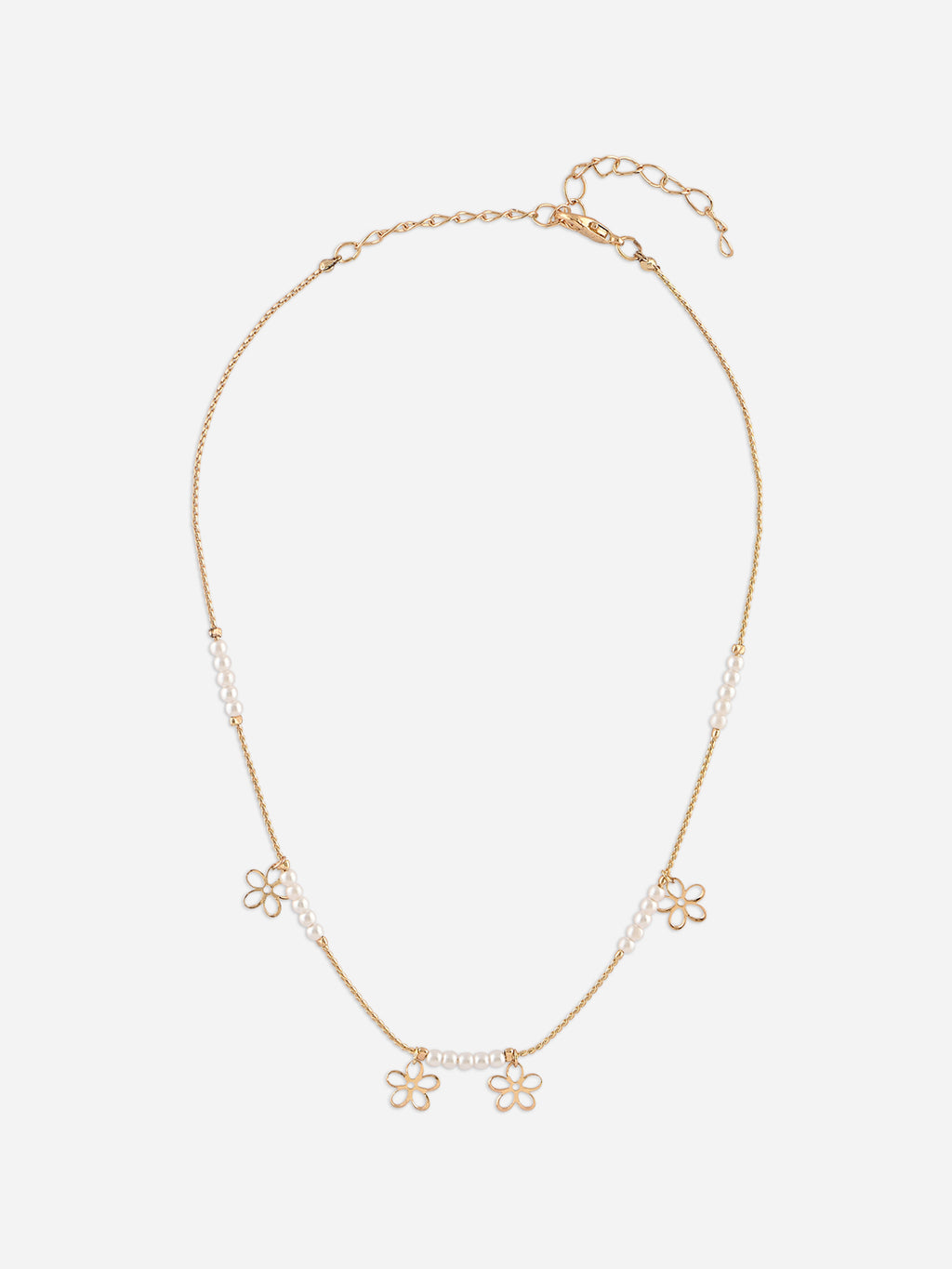 Floral Charm & White Beaded Delicate Gold Necklace