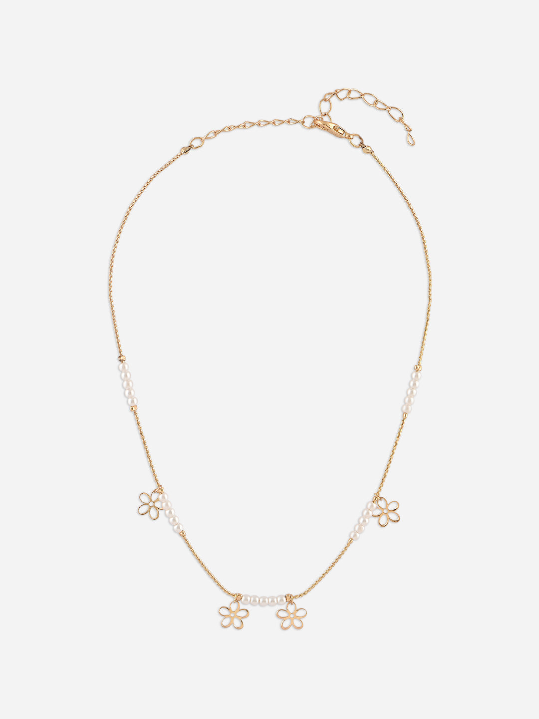 Floral Charm & White Beaded Delicate Gold Necklace