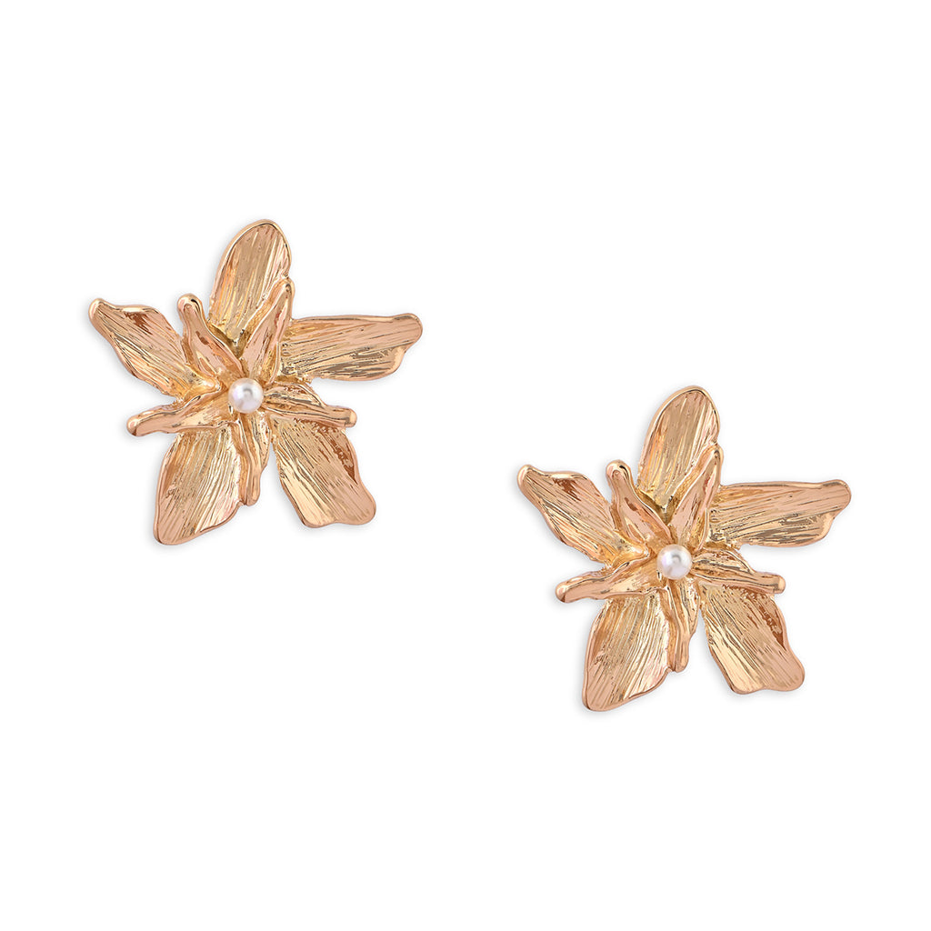 Floral Textured Stud Earrings with Pearl Centre